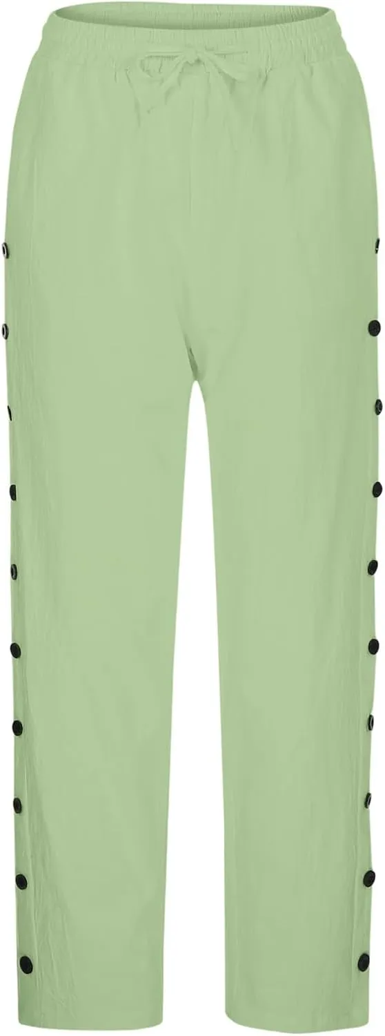 Linen Pants for Women Side Button Summer Trendy Elastic Waist Straight Leg Loose Casual Cropped Trousers with Pockets