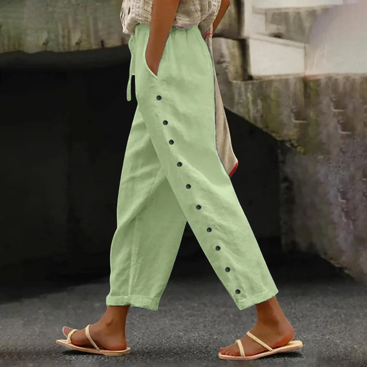 Linen Pants for Women Side Button Summer Trendy Elastic Waist Straight Leg Loose Casual Cropped Trousers with Pockets