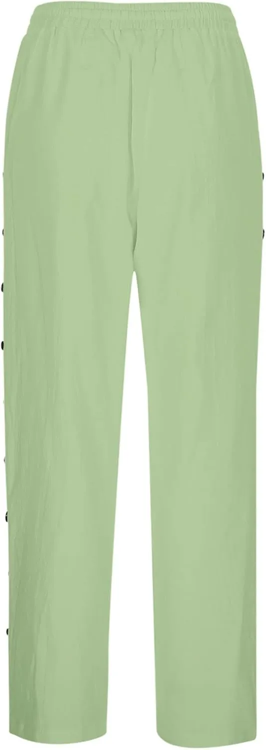 Linen Pants for Women Side Button Summer Trendy Elastic Waist Straight Leg Loose Casual Cropped Trousers with Pockets