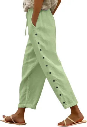 Linen Pants for Women Side Button Summer Trendy Elastic Waist Straight Leg Loose Casual Cropped Trousers with Pockets