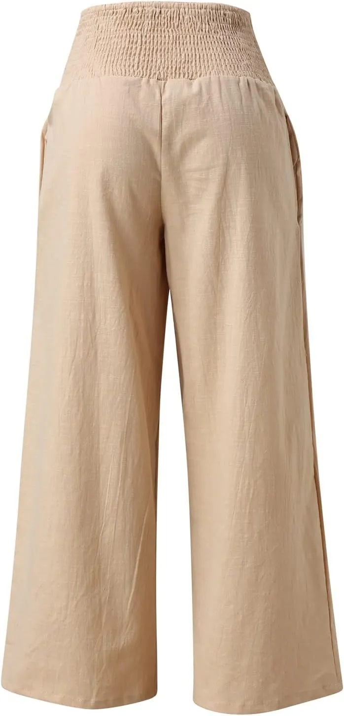 Linen Pants for Women Wide Leg Elastic High Waisted Palazzo Pants Lounge Yoga Trousers Beach Pants with Pockets