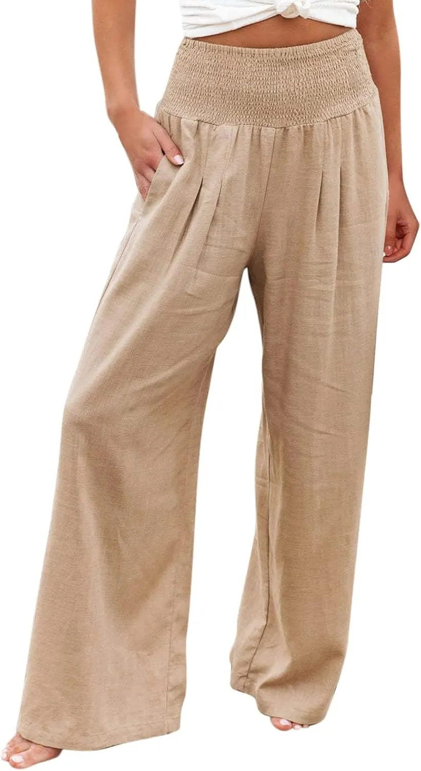 Linen Pants for Women Wide Leg Elastic High Waisted Palazzo Pants Lounge Yoga Trousers Beach Pants with Pockets