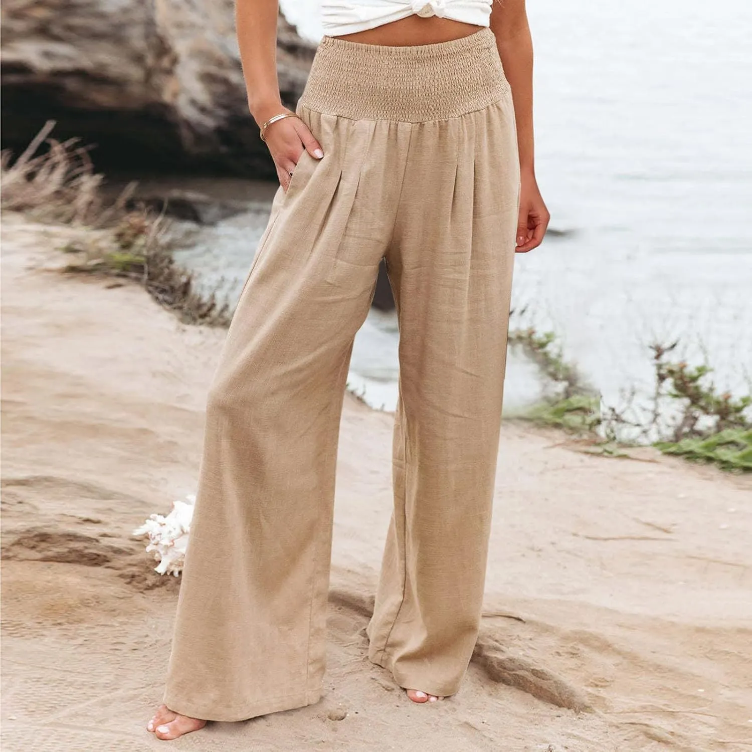Linen Pants for Women Wide Leg Elastic High Waisted Palazzo Pants Lounge Yoga Trousers Beach Pants with Pockets