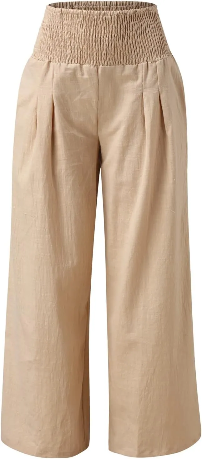 Linen Pants for Women Wide Leg Elastic High Waisted Palazzo Pants Lounge Yoga Trousers Beach Pants with Pockets