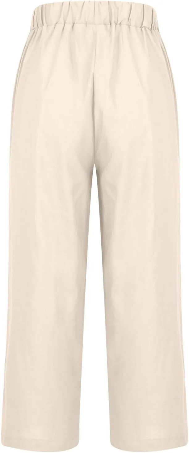 Linen Pants Women 2024 Summer High Waisted Cropped Lounge Pants Comty Causal Solid Trousers with Pockets
