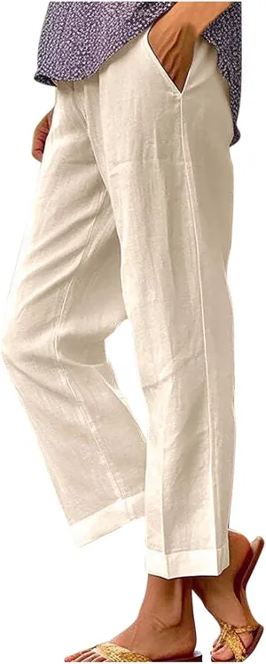 Linen Pants Women 2024 Summer High Waisted Cropped Lounge Pants Comty Causal Solid Trousers with Pockets