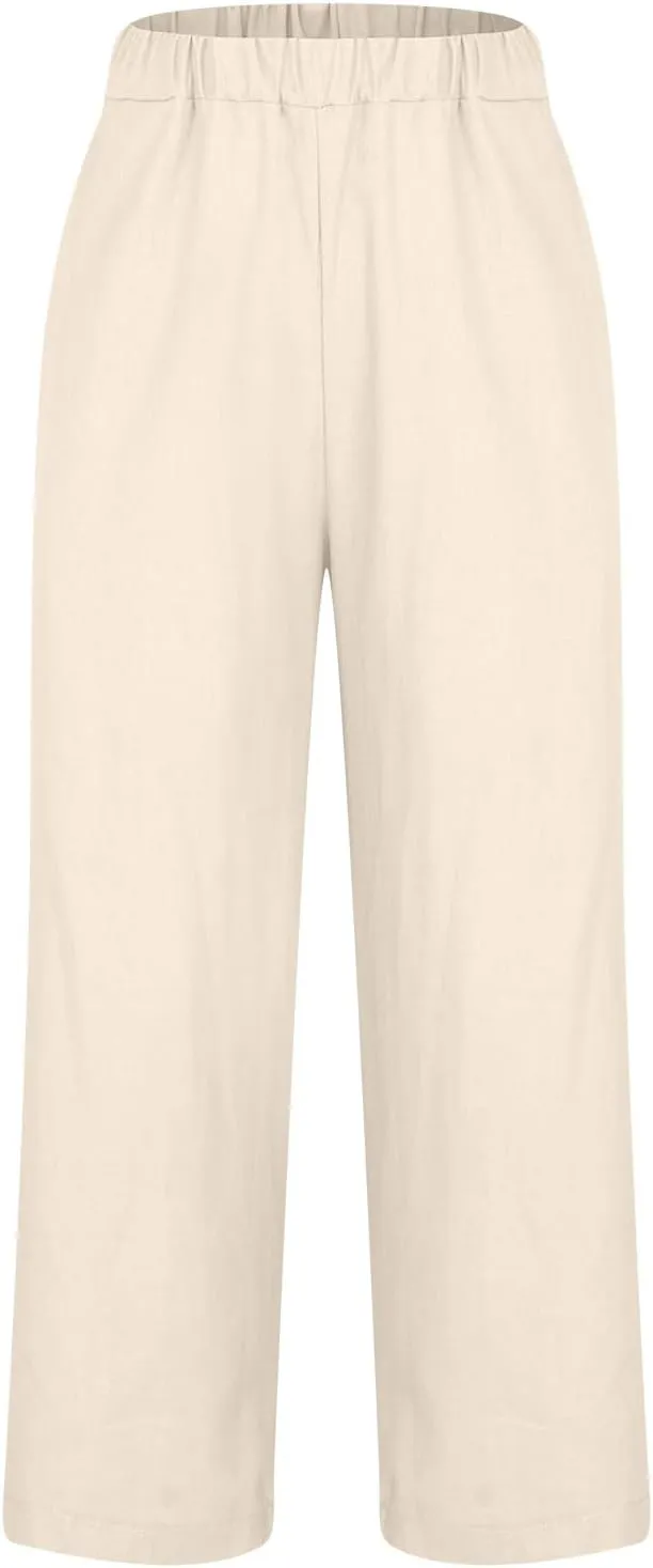 Linen Pants Women 2024 Summer High Waisted Cropped Lounge Pants Comty Causal Solid Trousers with Pockets