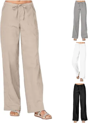 Linen Pants Women 2025 Summer Lightweight Lounge Wide Leg Trousers Drawstring Low Waisted Palazzo Pants with Pockets