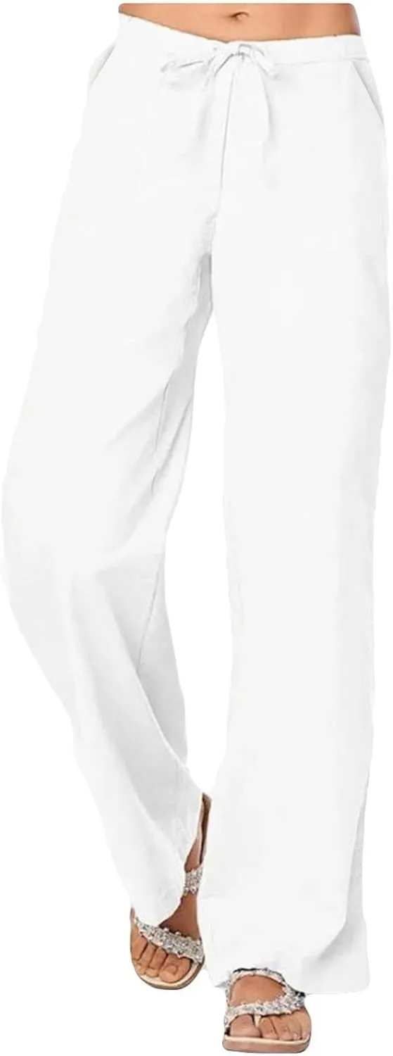 Linen Pants Women 2025 Summer Lightweight Lounge Wide Leg Trousers Drawstring Low Waisted Palazzo Pants with Pockets