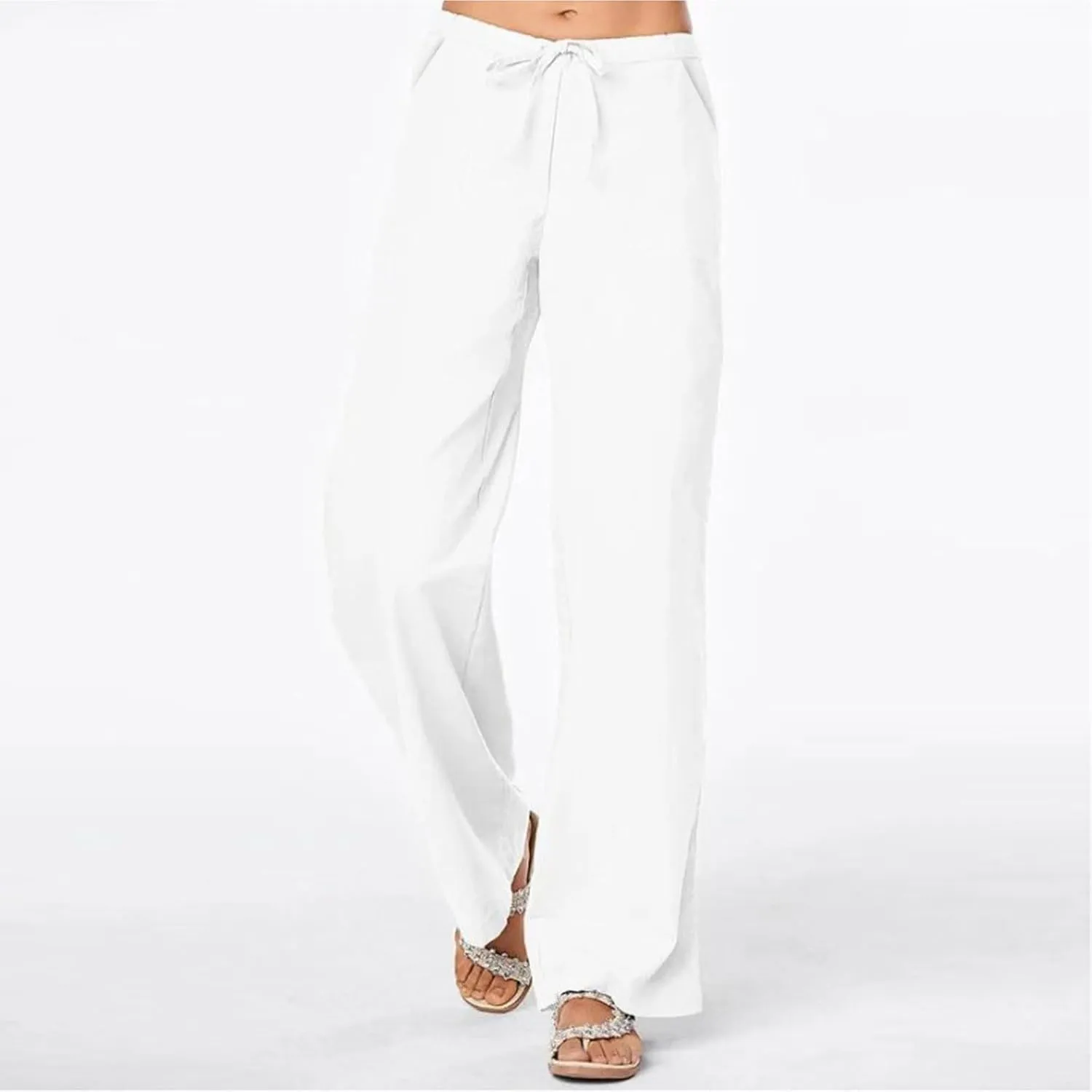 Linen Pants Women 2025 Summer Lightweight Lounge Wide Leg Trousers Drawstring Low Waisted Palazzo Pants with Pockets