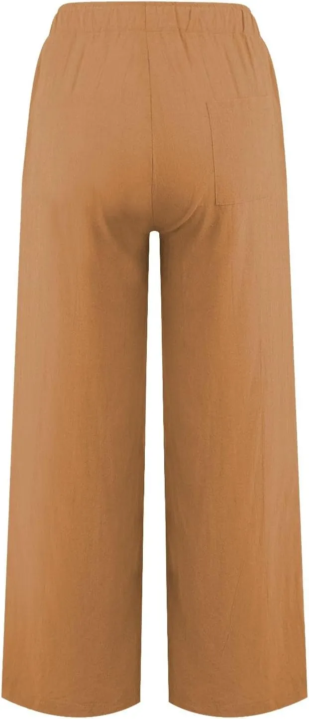Linen Pants Women Elastic High Waisted Drawstring Petite Lounge Pants Palazzo Wide Leg Casual Summer Beach Trousers