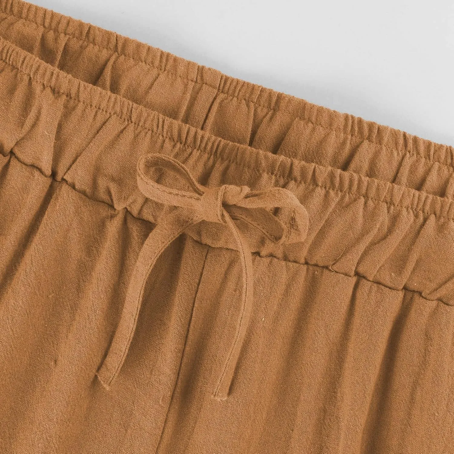 Linen Pants Women Elastic High Waisted Drawstring Petite Lounge Pants Palazzo Wide Leg Casual Summer Beach Trousers