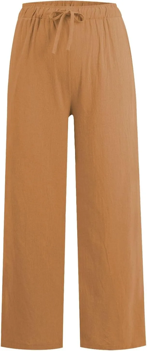 Linen Pants Women Elastic High Waisted Drawstring Petite Lounge Pants Palazzo Wide Leg Casual Summer Beach Trousers