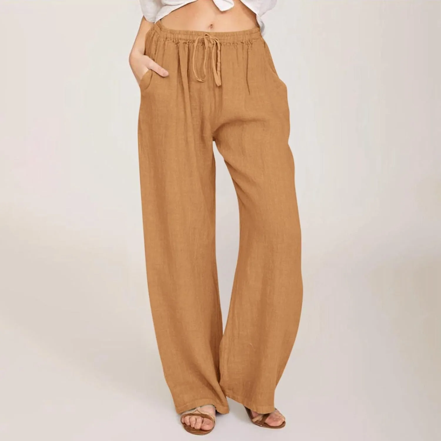 Linen Pants Women Elastic High Waisted Drawstring Petite Lounge Pants Palazzo Wide Leg Casual Summer Beach Trousers