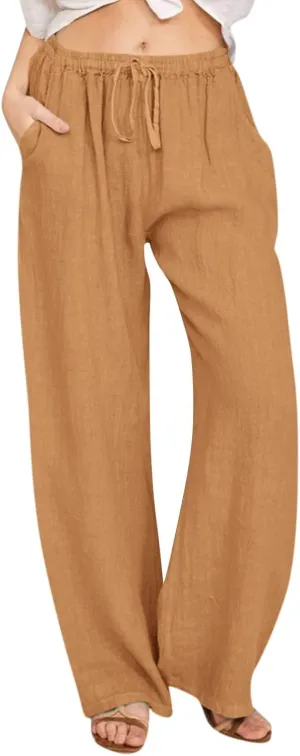 Linen Pants Women Elastic High Waisted Drawstring Petite Lounge Pants Palazzo Wide Leg Casual Summer Beach Trousers