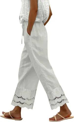 Linen Pants Women Lounge Trousers Drawstring Elastic Waist Summer Boho Palazzo Vintage Pants with Pockets