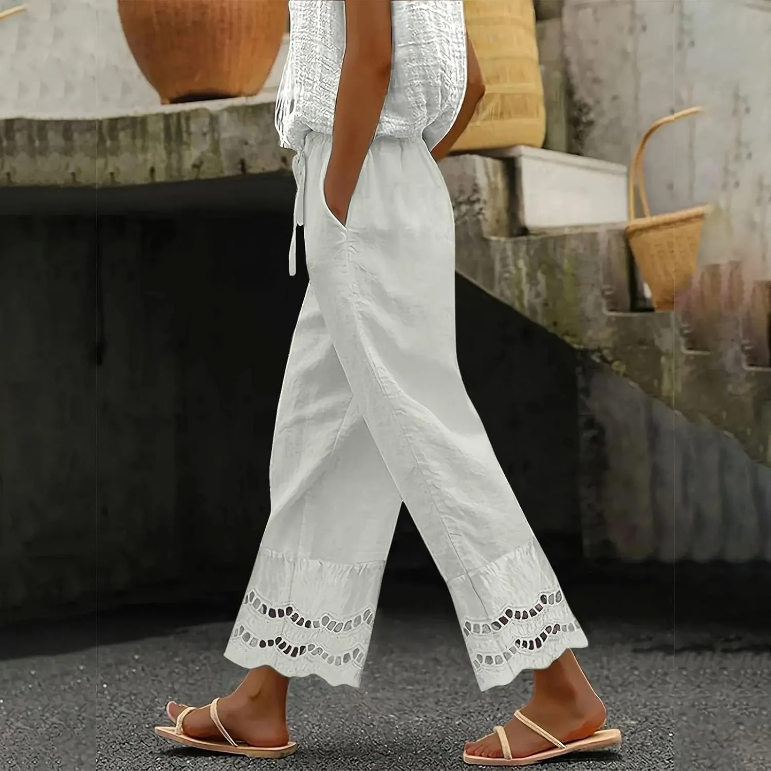 Linen Pants Women Lounge Trousers Drawstring Elastic Waist Summer Boho Palazzo Vintage Pants with Pockets