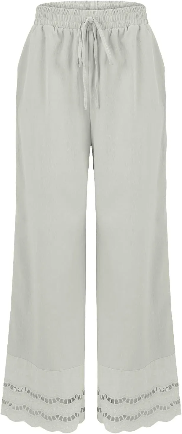 Linen Pants Women Lounge Trousers Drawstring Elastic Waist Summer Boho Palazzo Vintage Pants with Pockets