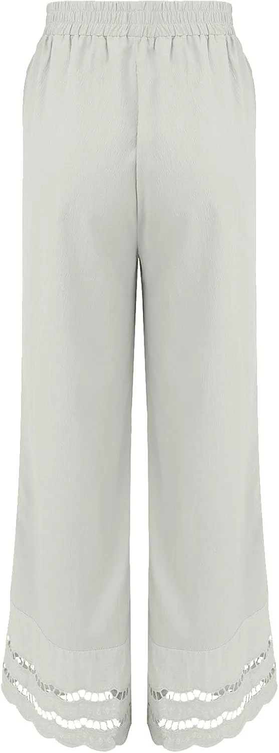Linen Pants Women Lounge Trousers Drawstring Elastic Waist Summer Boho Palazzo Vintage Pants with Pockets