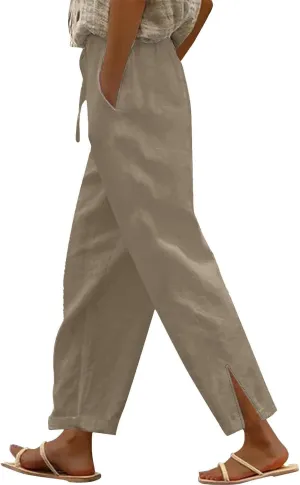 Linen Pants Women Petite 2025 Trendy Slit Wide Leg Beach Pants Casual Loose Fit Lightweight Trousers with Pockets