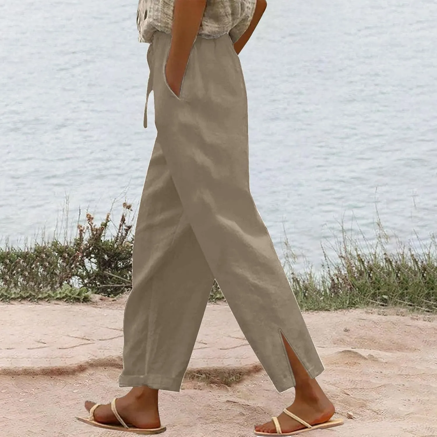 Linen Pants Women Petite 2025 Trendy Slit Wide Leg Beach Pants Casual Loose Fit Lightweight Trousers with Pockets