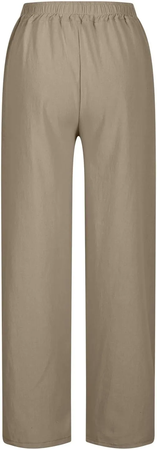 Linen Pants Women Petite 2025 Trendy Slit Wide Leg Beach Pants Casual Loose Fit Lightweight Trousers with Pockets