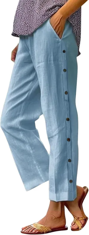 Linen Pants Women Petite Wide Leg Summer Elastic Waist Lounge Trousers Casual Lightweight Capri Pants with Pockets