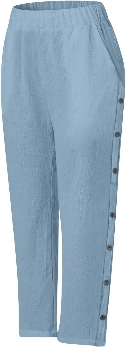 Linen Pants Women Petite Wide Leg Summer Elastic Waist Lounge Trousers Casual Lightweight Capri Pants with Pockets