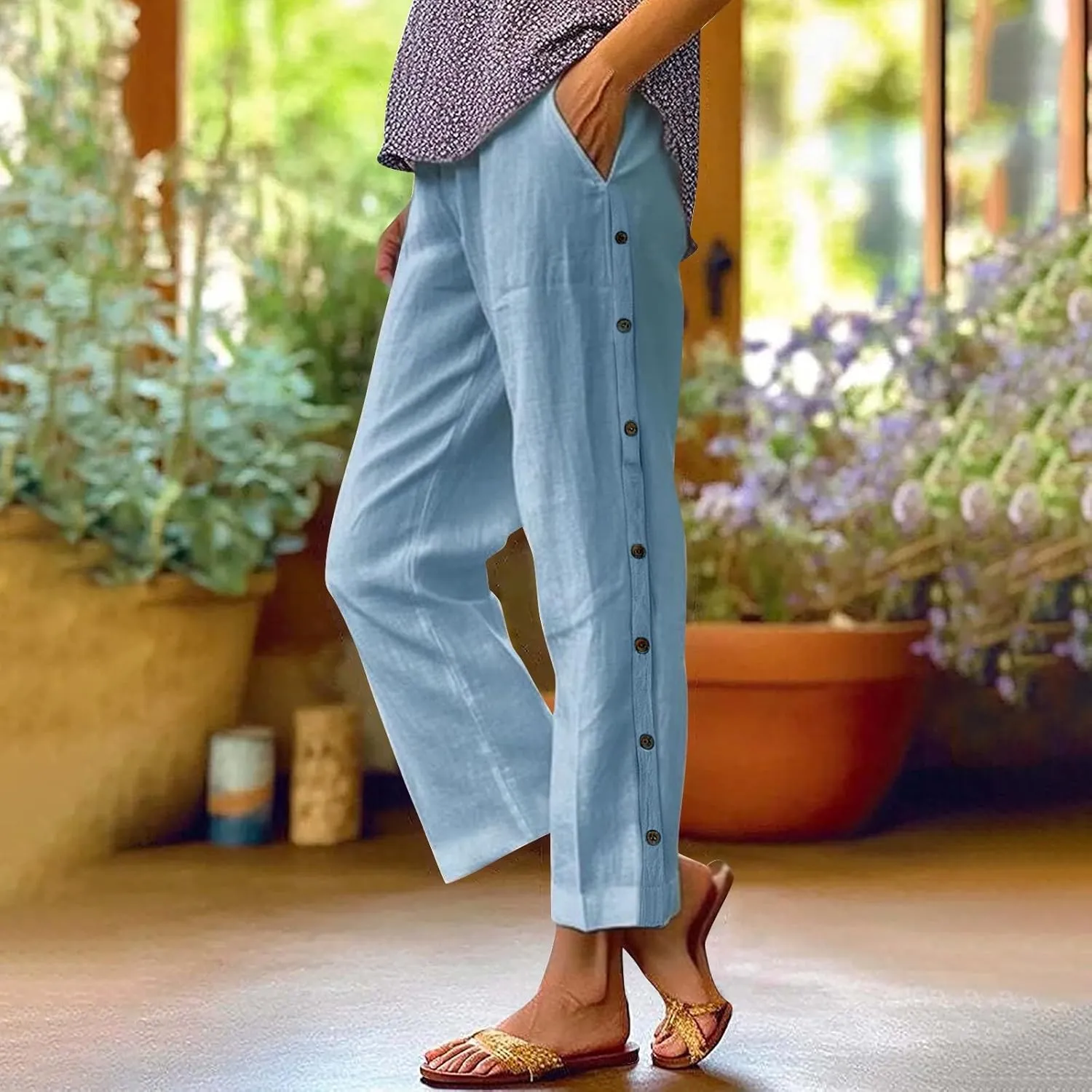 Linen Pants Women Petite Wide Leg Summer Elastic Waist Lounge Trousers Casual Lightweight Capri Pants with Pockets