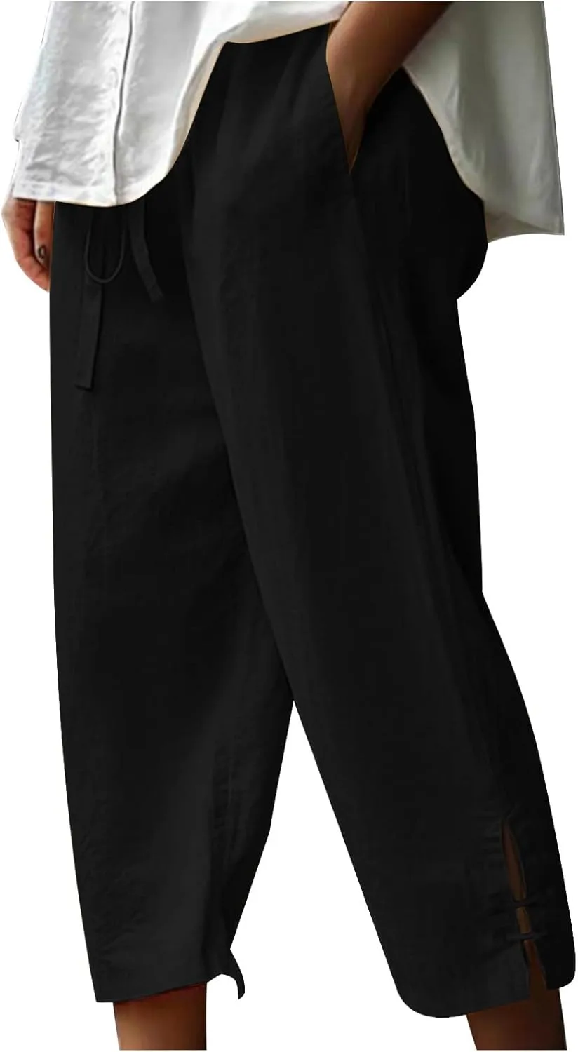 Linen Pants Women Plus Size Elastic Waist Capri Pants High Rise Capris 2025 Summer Trousers Pants with Pockets