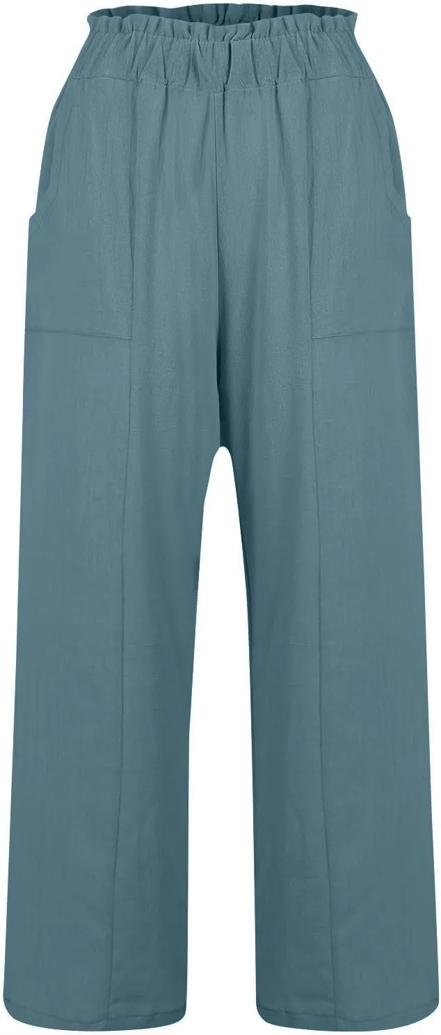 Linen Pants Women Plus Size Summer Casual Loose Flowy High Waited Beach Pants Trendy Summer Outfits with Pockets