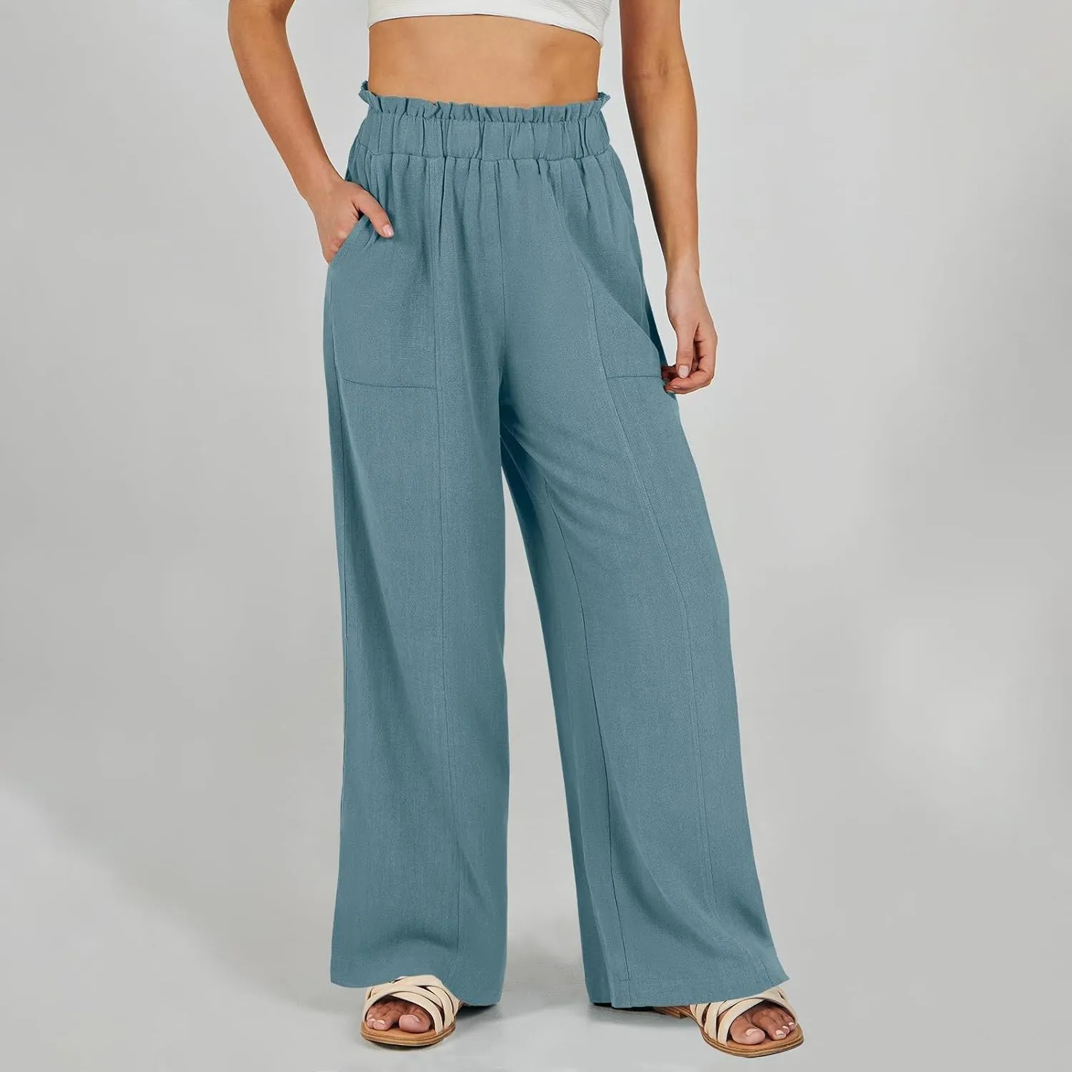 Linen Pants Women Plus Size Summer Casual Loose Flowy High Waited Beach Pants Trendy Summer Outfits with Pockets