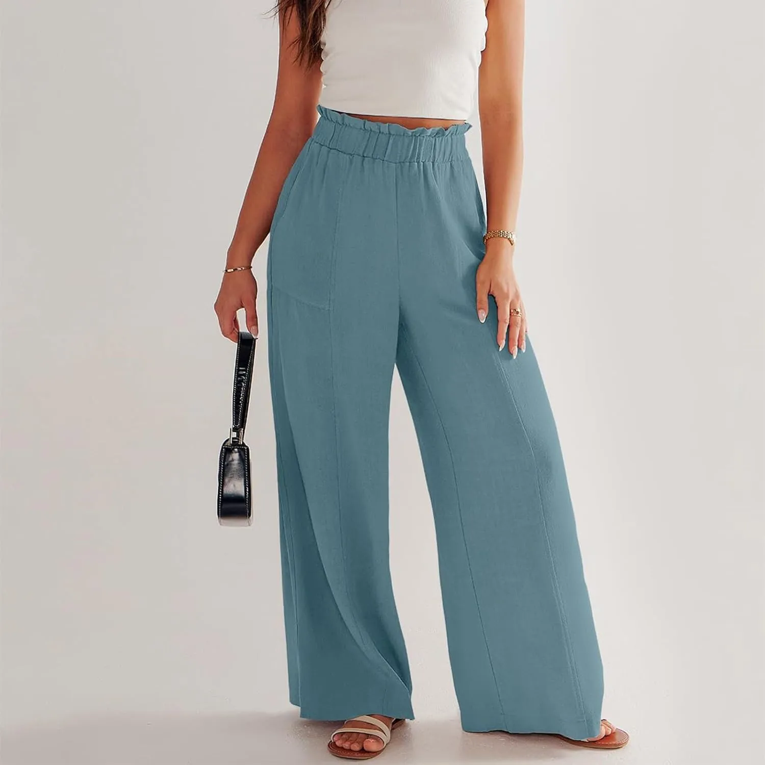 Linen Pants Women Plus Size Summer Casual Loose Flowy High Waited Beach Pants Trendy Summer Outfits with Pockets