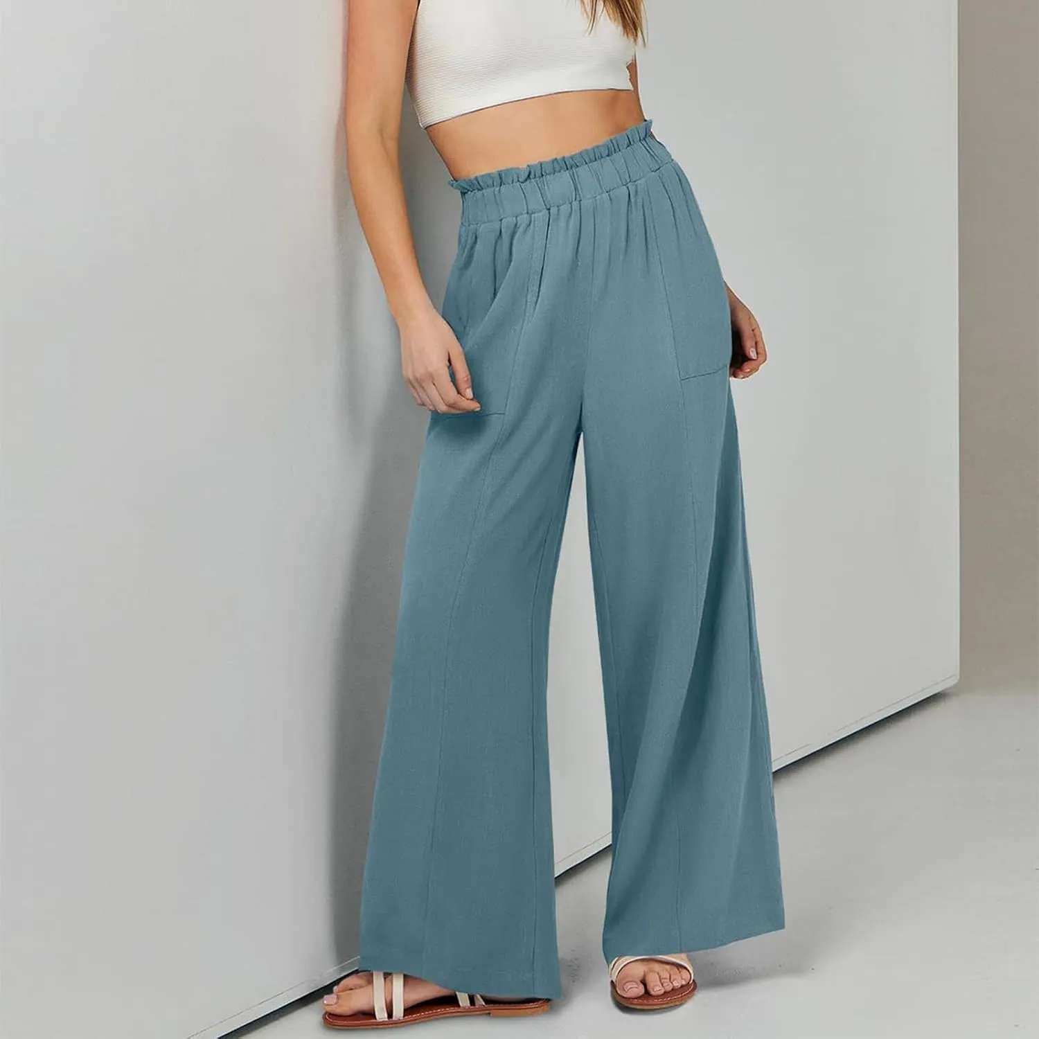 Linen Pants Women Plus Size Summer Casual Loose Flowy High Waited Beach Pants Trendy Summer Outfits with Pockets