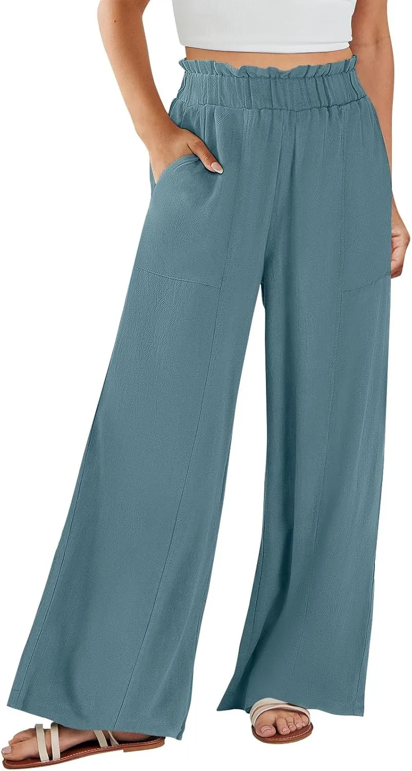 Linen Pants Women Plus Size Summer Casual Loose Flowy High Waited Beach Pants Trendy Summer Outfits with Pockets