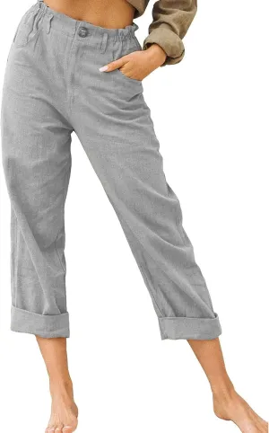 Linen Pants Women Summer 2024 Drawstring Waisted Solid Color Lounge Trousers Casual Loose Fit Wed Leg Pants