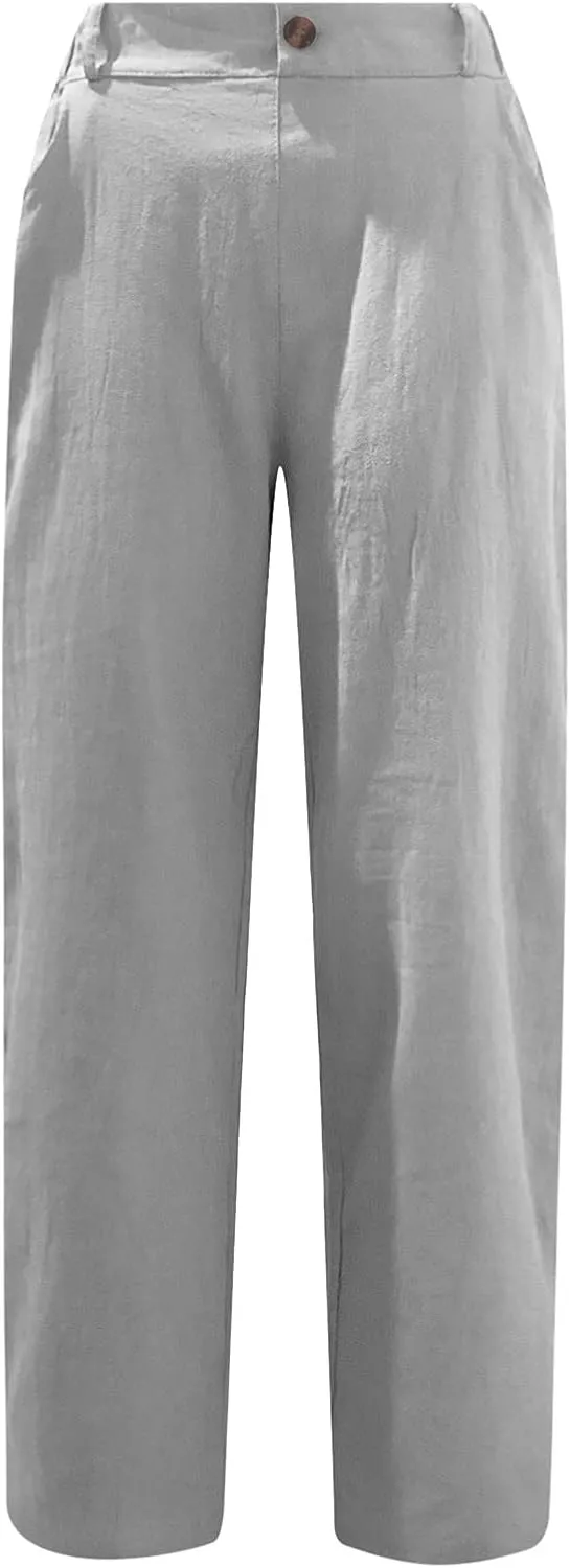 Linen Pants Women Summer 2024 Drawstring Waisted Solid Color Lounge Trousers Casual Loose Fit Wed Leg Pants