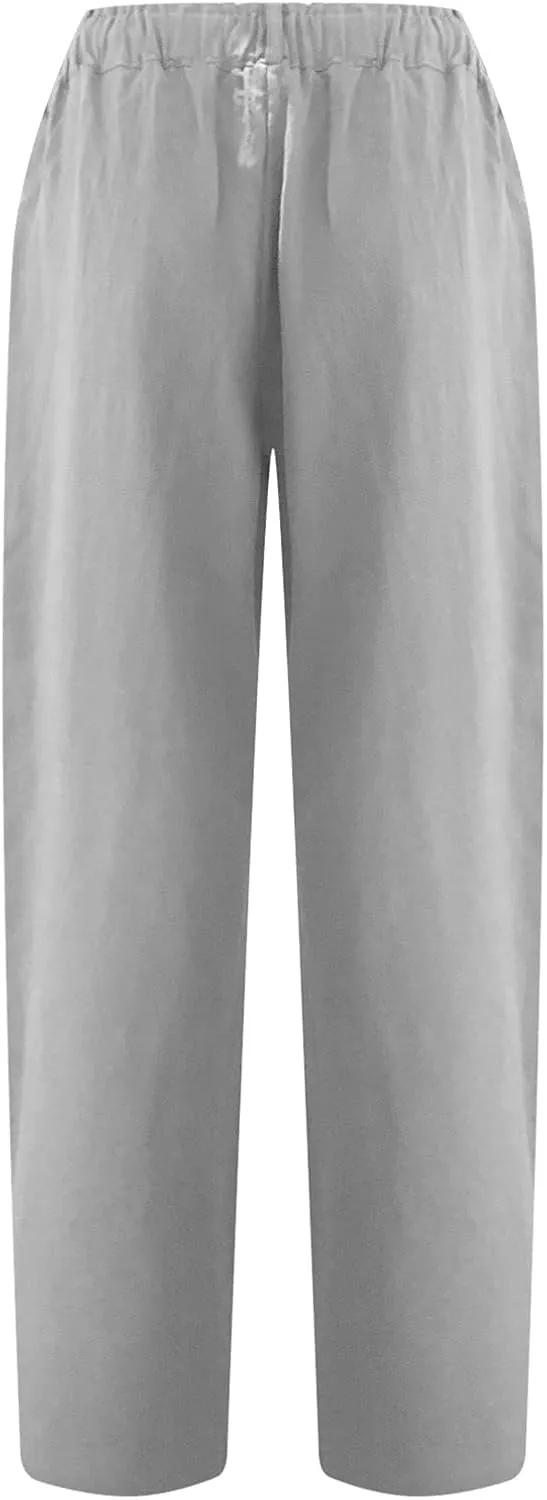 Linen Pants Women Summer 2024 Drawstring Waisted Solid Color Lounge Trousers Casual Loose Fit Wed Leg Pants