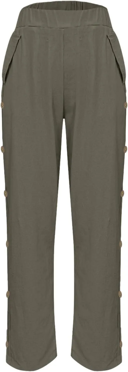 Linen Pants Women Summer 2025 Elastic Waisted Side Button Cropped Trouser Soft Comfy Plus Size Trousers with Pockets