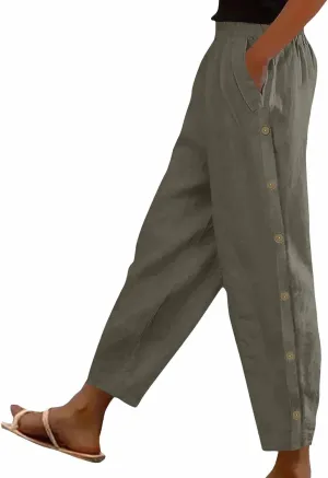 Linen Pants Women Summer 2025 Elastic Waisted Side Button Cropped Trouser Soft Comfy Plus Size Trousers with Pockets