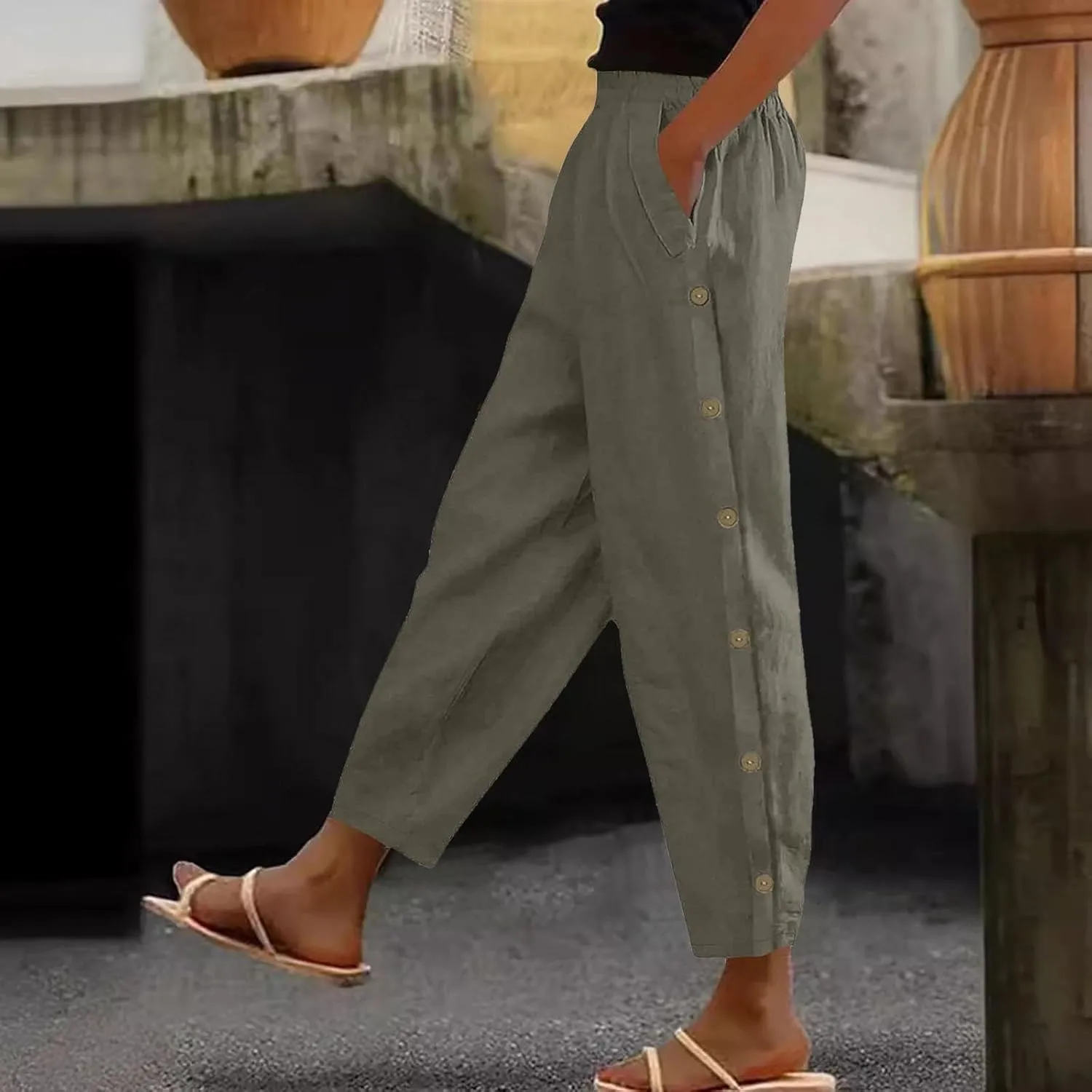 Linen Pants Women Summer 2025 Elastic Waisted Side Button Cropped Trouser Soft Comfy Plus Size Trousers with Pockets