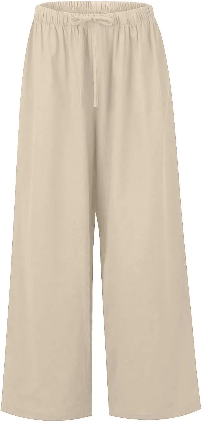 Linen Pants Women Summer Wide Leg Flowy Beach Pants Lightweight Drawstring Cotton Palazzo Pants Trousers with Pockets