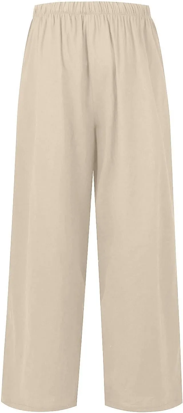 Linen Pants Women Summer Wide Leg Flowy Beach Pants Lightweight Drawstring Cotton Palazzo Pants Trousers with Pockets
