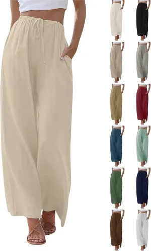 Linen Pants Women Summer Wide Leg Flowy Beach Pants Lightweight Drawstring Cotton Palazzo Pants Trousers with Pockets
