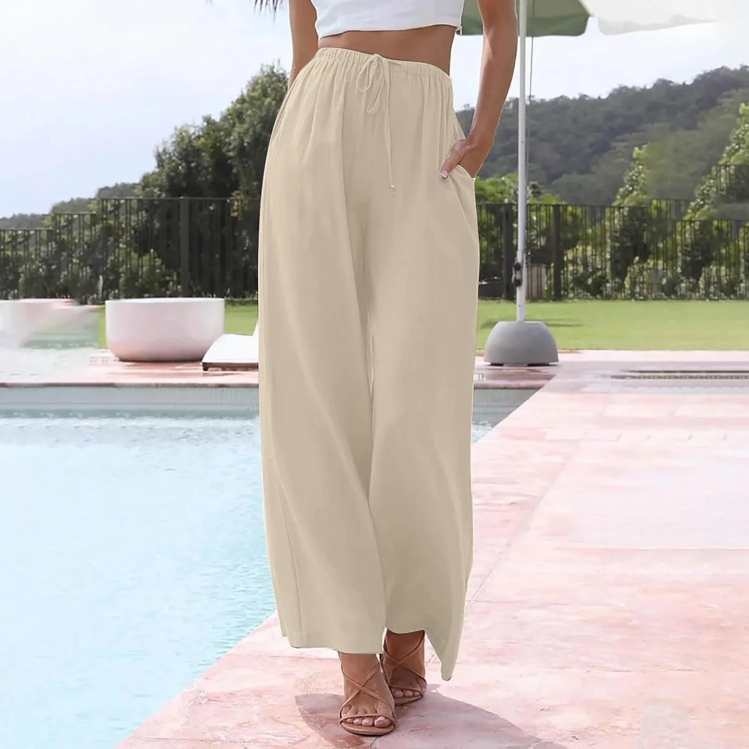 Linen Pants Women Summer Wide Leg Flowy Beach Pants Lightweight Drawstring Cotton Palazzo Pants Trousers with Pockets