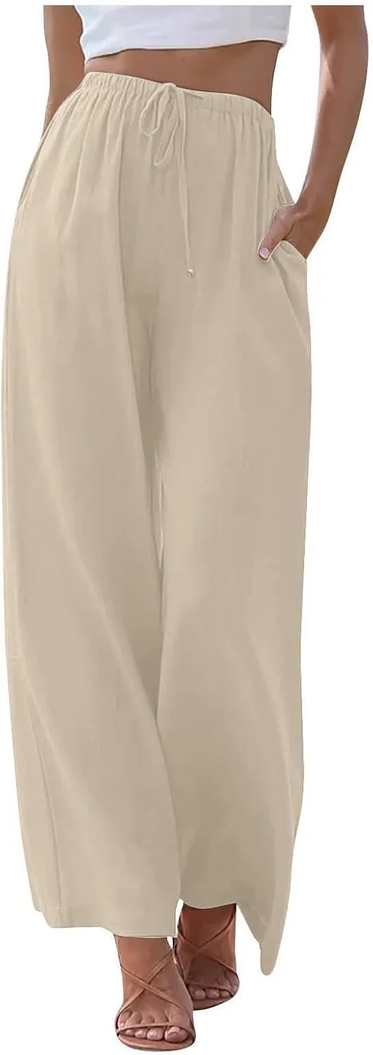 Linen Pants Women Summer Wide Leg Flowy Beach Pants Lightweight Drawstring Cotton Palazzo Pants Trousers with Pockets