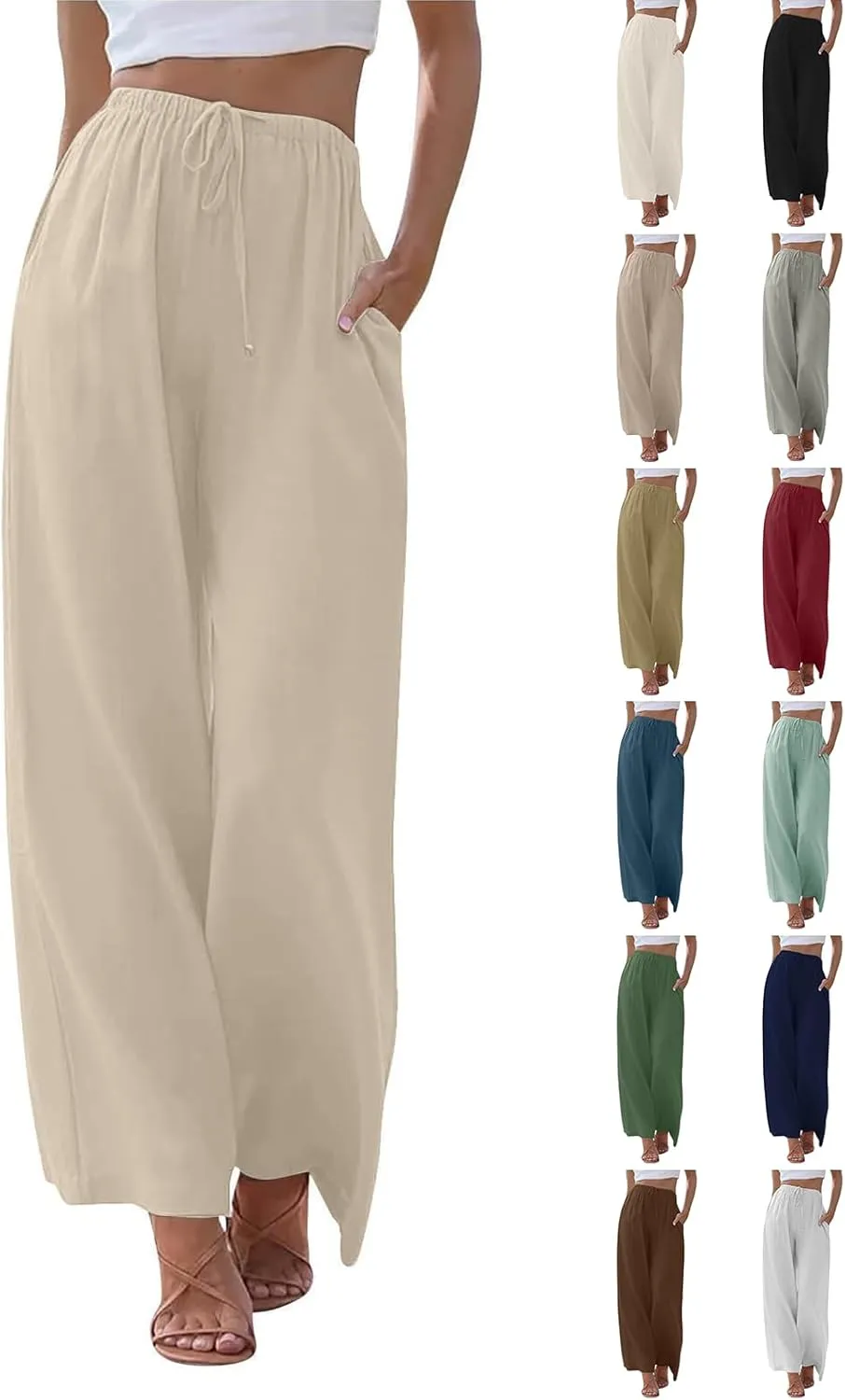 Linen Pants Women Summer Wide Leg Flowy Beach Pants Lightweight Drawstring Cotton Palazzo Pants Trousers with Pockets