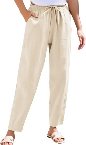 Linen Pants Women Wide Leg Palazzo Pants Drawstring Lounge Pants with Pockets High Elastic Waisted