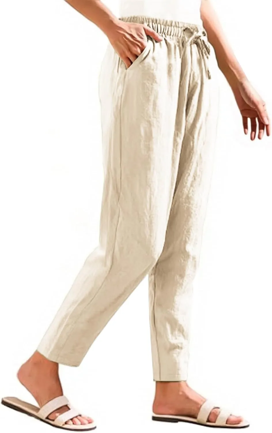 Linen Pants Women Wide Leg Palazzo Pants Drawstring Lounge Pants with Pockets High Elastic Waisted
