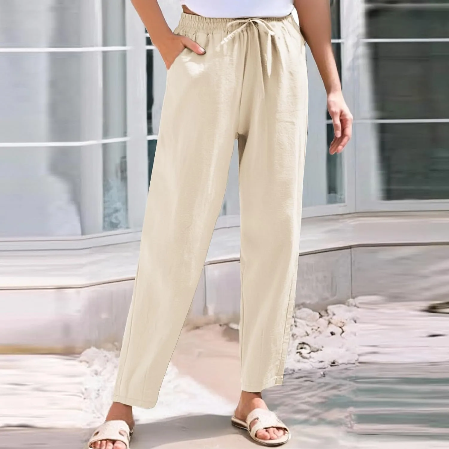 Linen Pants Women Wide Leg Palazzo Pants Drawstring Lounge Pants with Pockets High Elastic Waisted